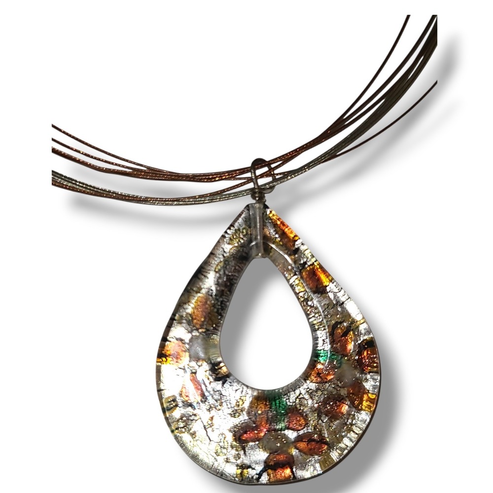 Dichroic Art Glass Teardrop Pendant Necklace Multi Wire Mixed Metal 16" 925